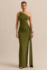 Clarosia | Green Asymmetric-Neck Maxi Dress With Cut-Out With Sash