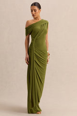 Avialee | Green Asymmetric-Neck Maxi Dress With Gathered-Detailing And Sash