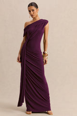 Avialee | Dark Plum Asymmetric-Neck Maxi Dress With Gathered-Detailing And Sash