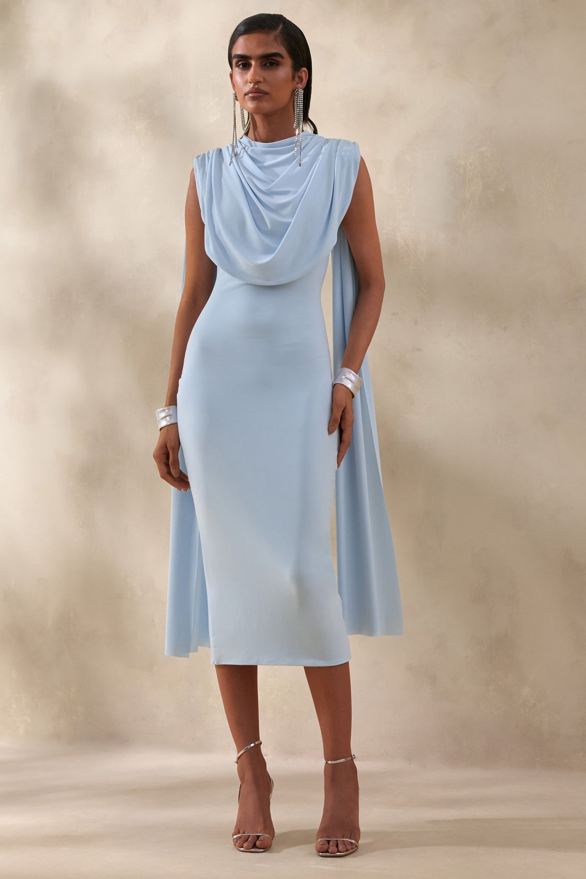 Lysandria | Powder Blue High-Neck Midi Dress With Draped-Detailing