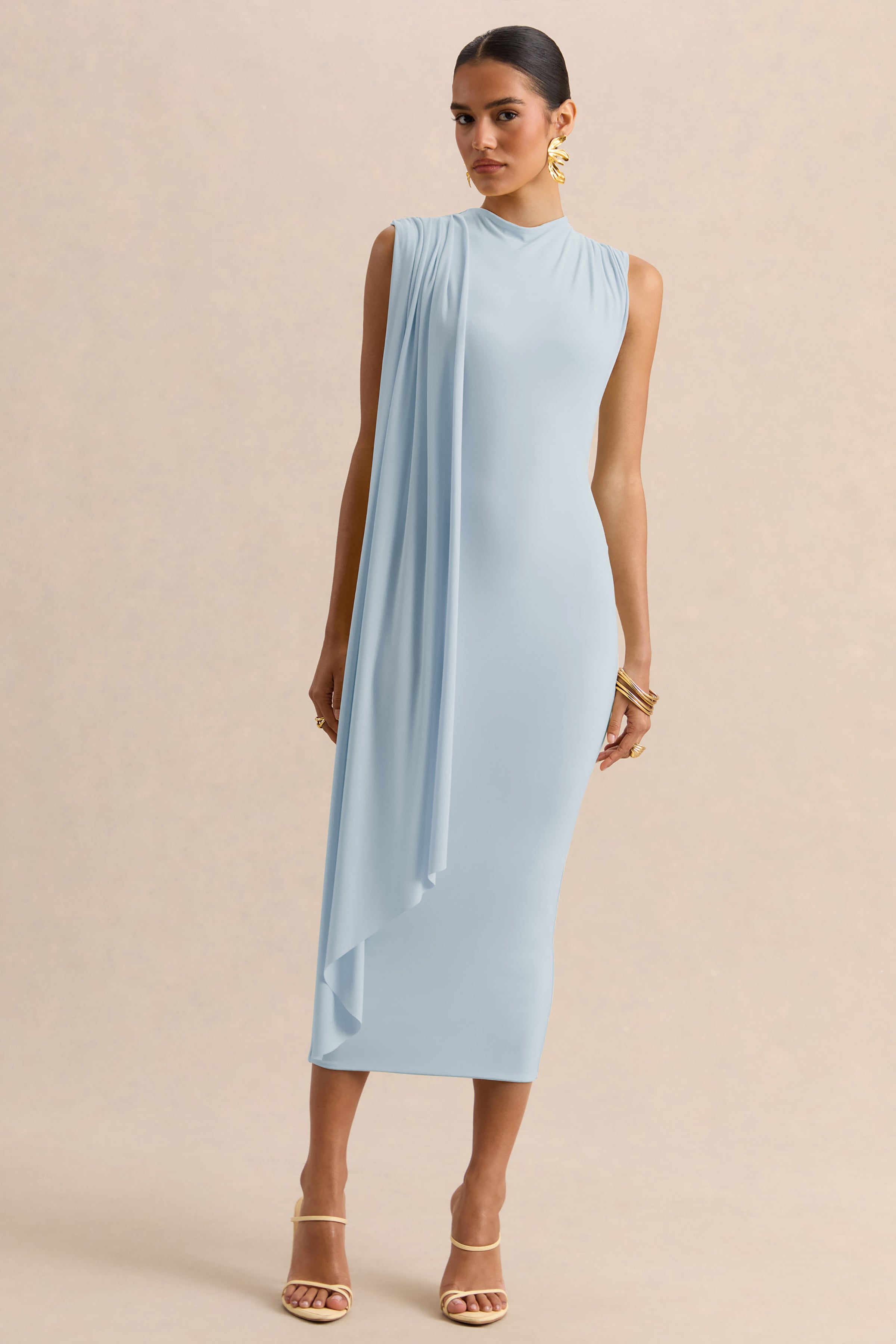 Oleandra | Light Blue High-Neck Midi-Dress With Draped-Detail