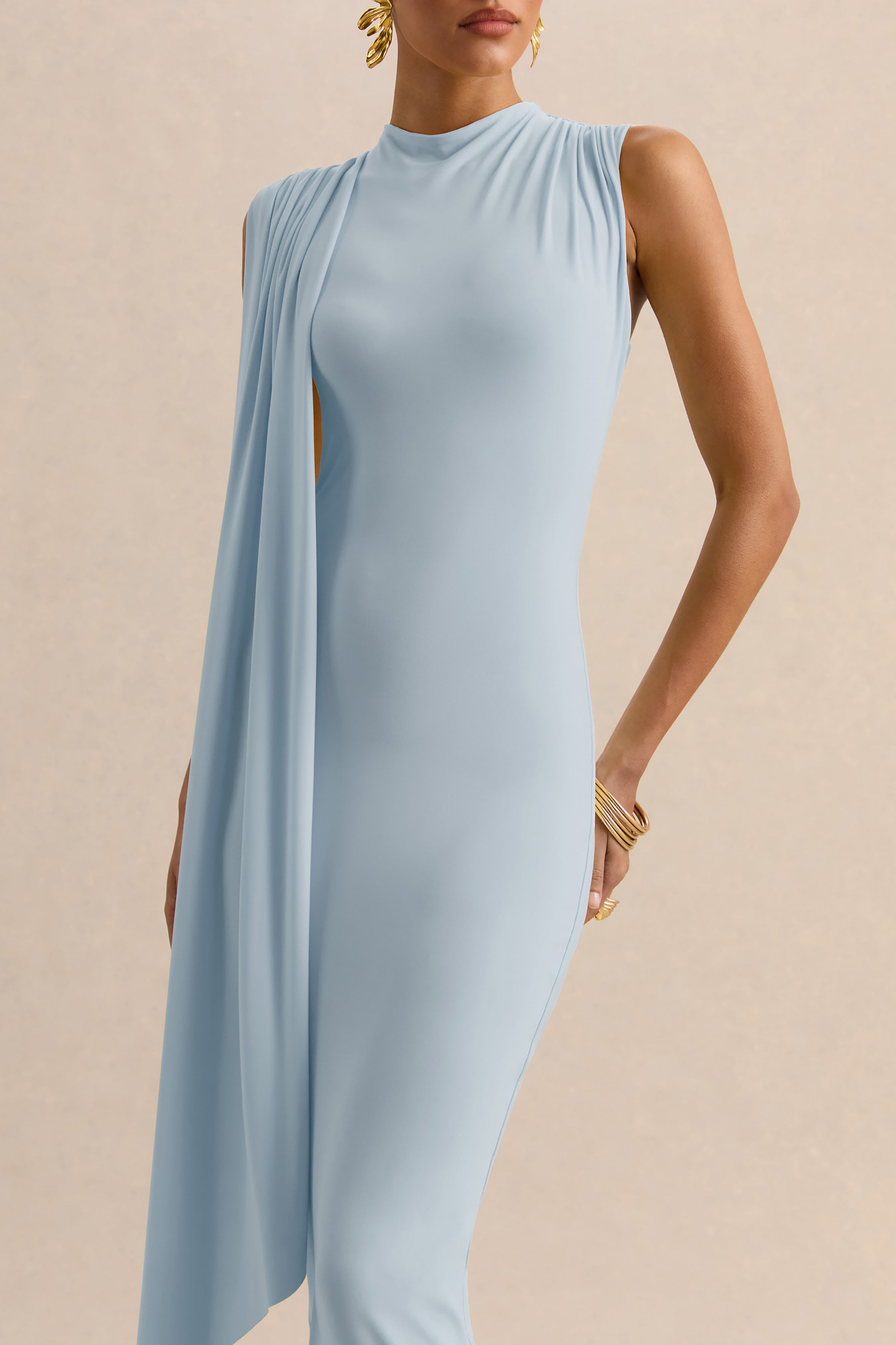 Oleandra | Light Blue High-Neck Midi-Dress With Draped-Detail