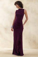 Helessia | Dark Plum Asymmetric-Neck Maxi Dress With Gathered-Detailing And Sash