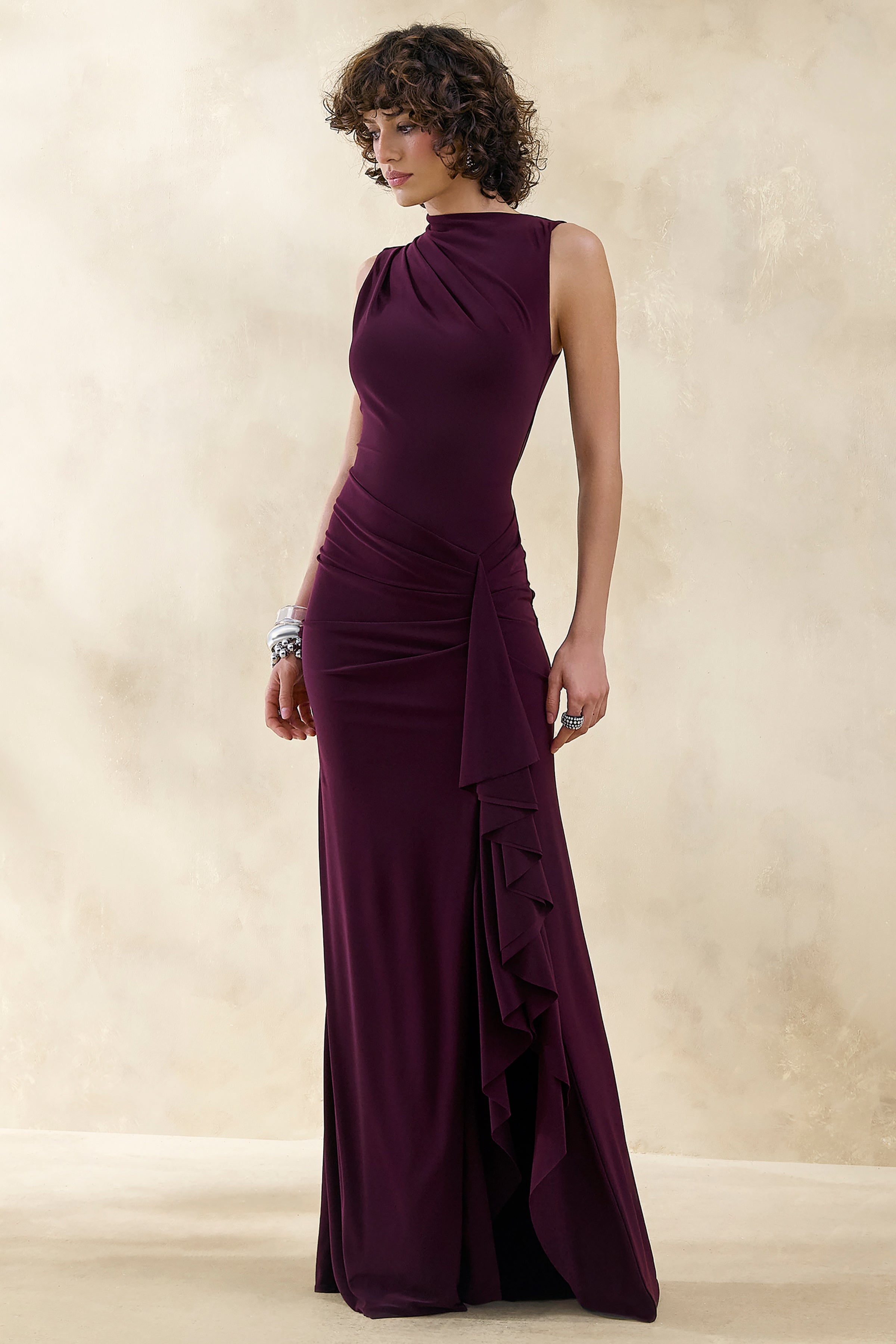 Helessia | Dark Plum Asymmetric-Neck Maxi Dress With Gathered-Detailing And Sash