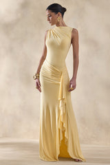 Helessia | Lemon Asymmetric-Neck Maxi Dress With Gathered-Detailing And Sash