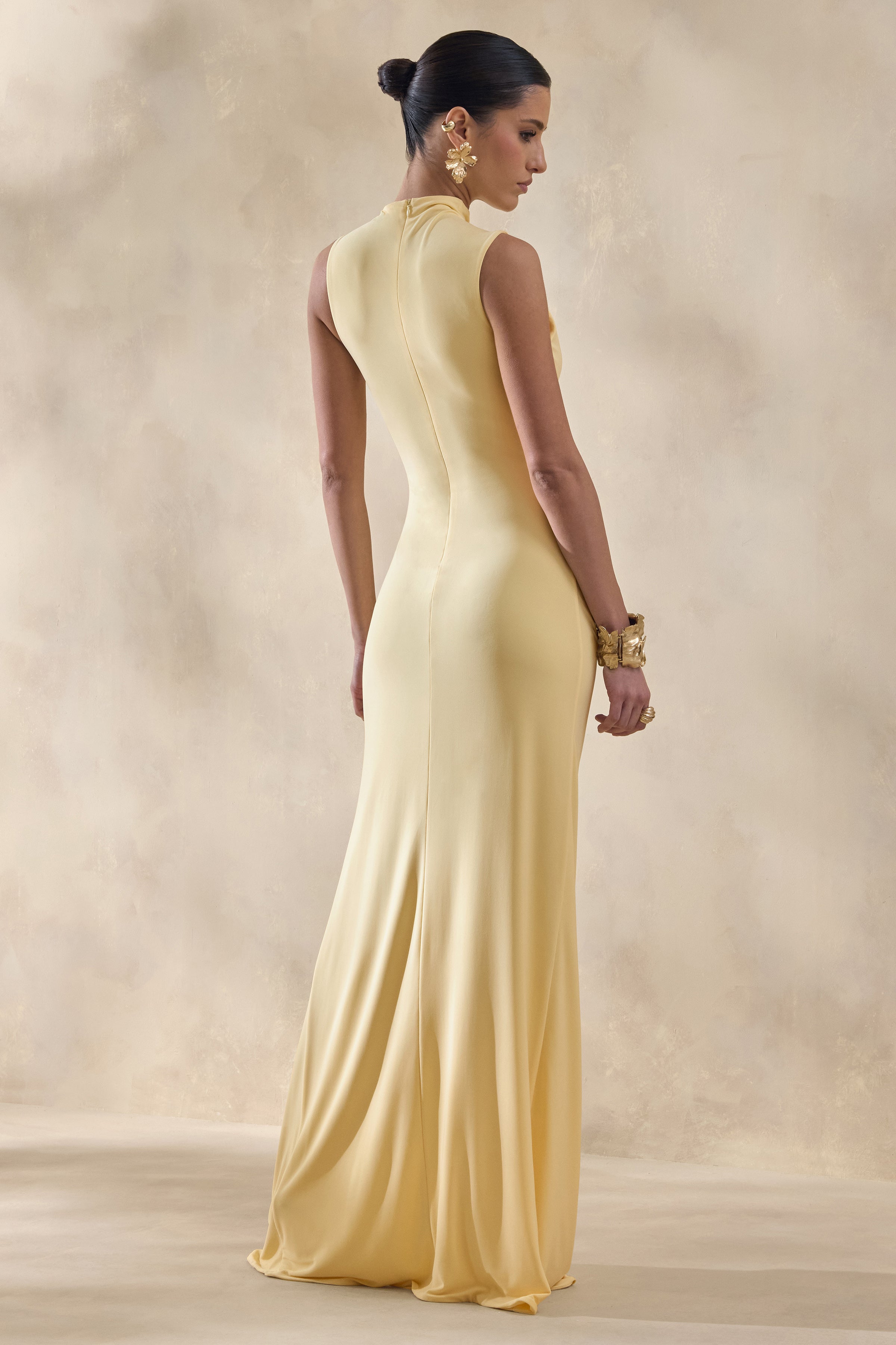 Helessia | Lemon Asymmetric-Neck Maxi Dress With Gathered-Detailing And Sash