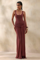 Lienna | Brown Scoop-Neck Maxi Dress With Gathered-Detail And Sash