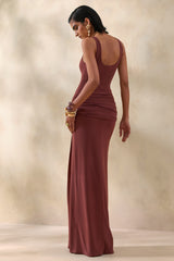 Lienna | Brown Scoop-Neck Maxi Dress With Gathered-Detail And Sash