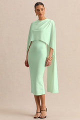 Luxalyn | Green Round-Neck Midi Dress With Cape-Detail