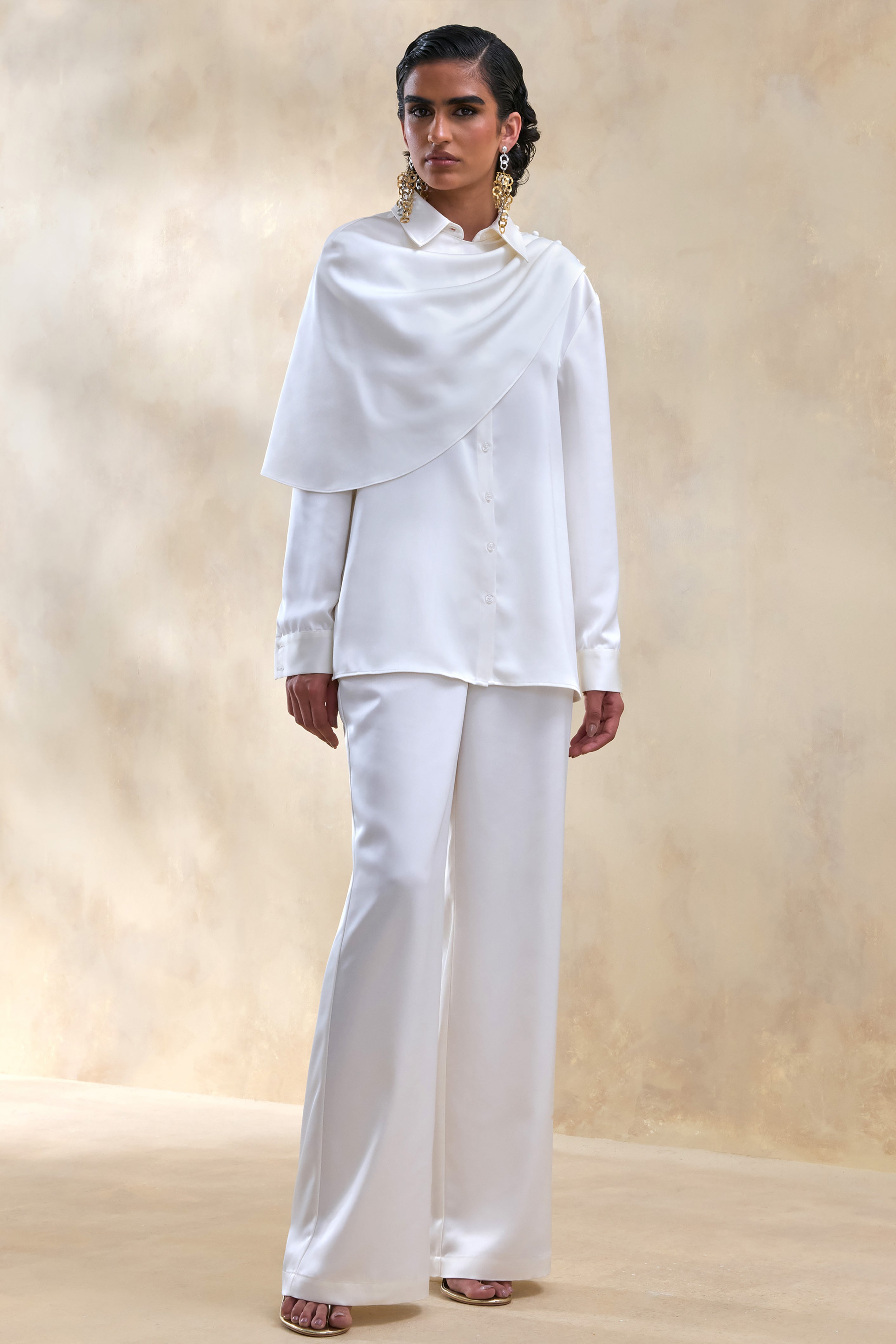 Ilena | Cream Satin Wide-Leg Trouser