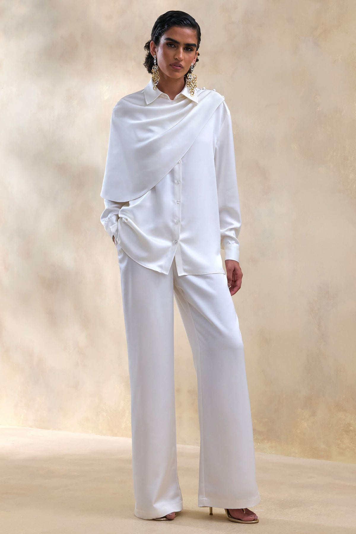 Ilena | Cream Satin Wide-Leg Trouser