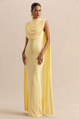 Patrina | Lemon High-Neck Maxi Dress With Draped-Detailing And Cape-Sleeves