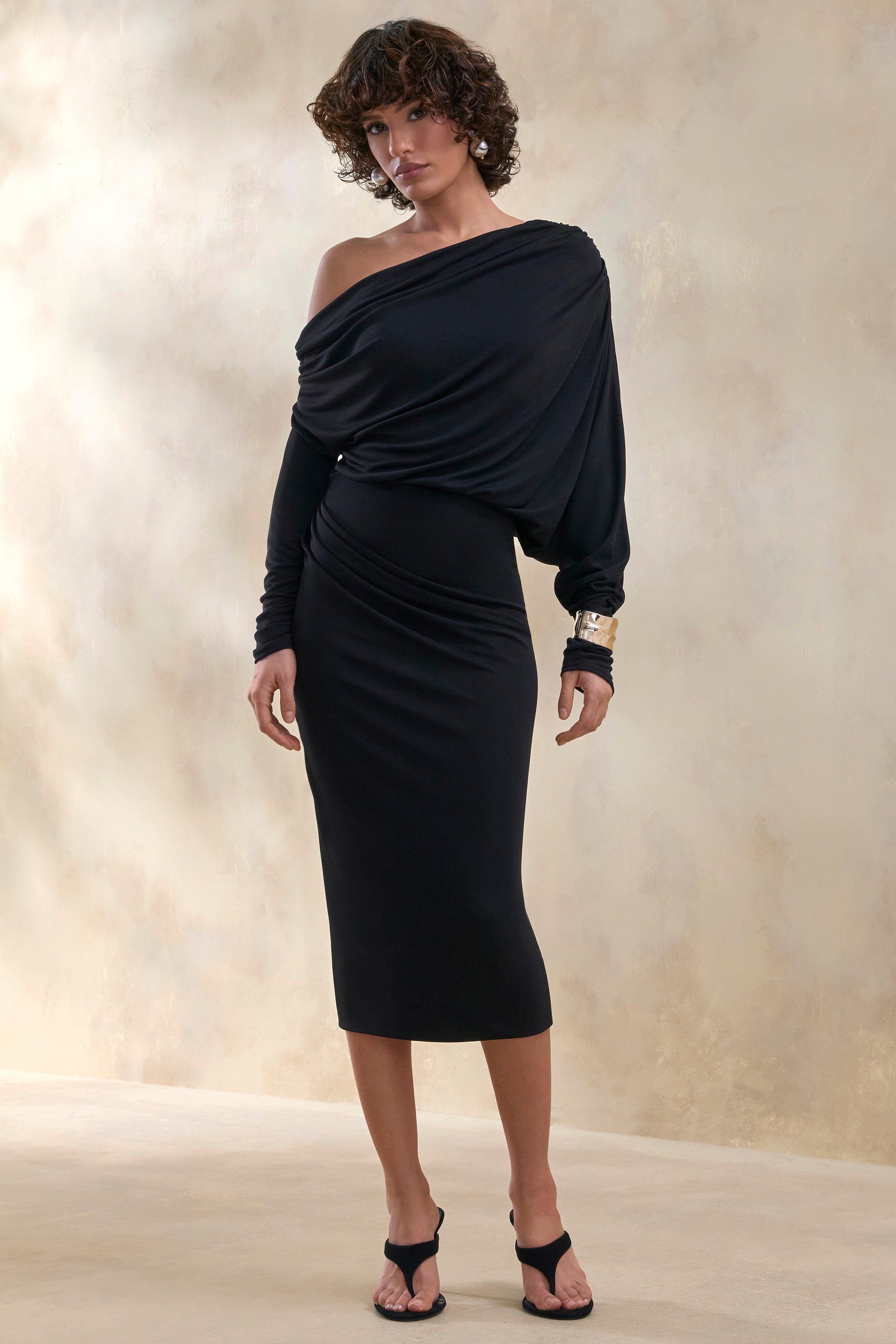 Dalissa | Black Asymmetric-Neck Midi Dress With Draped-Detailing