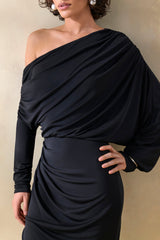 Dalissa | Black Asymmetric-Neck Midi Dress With Draped-Detailing