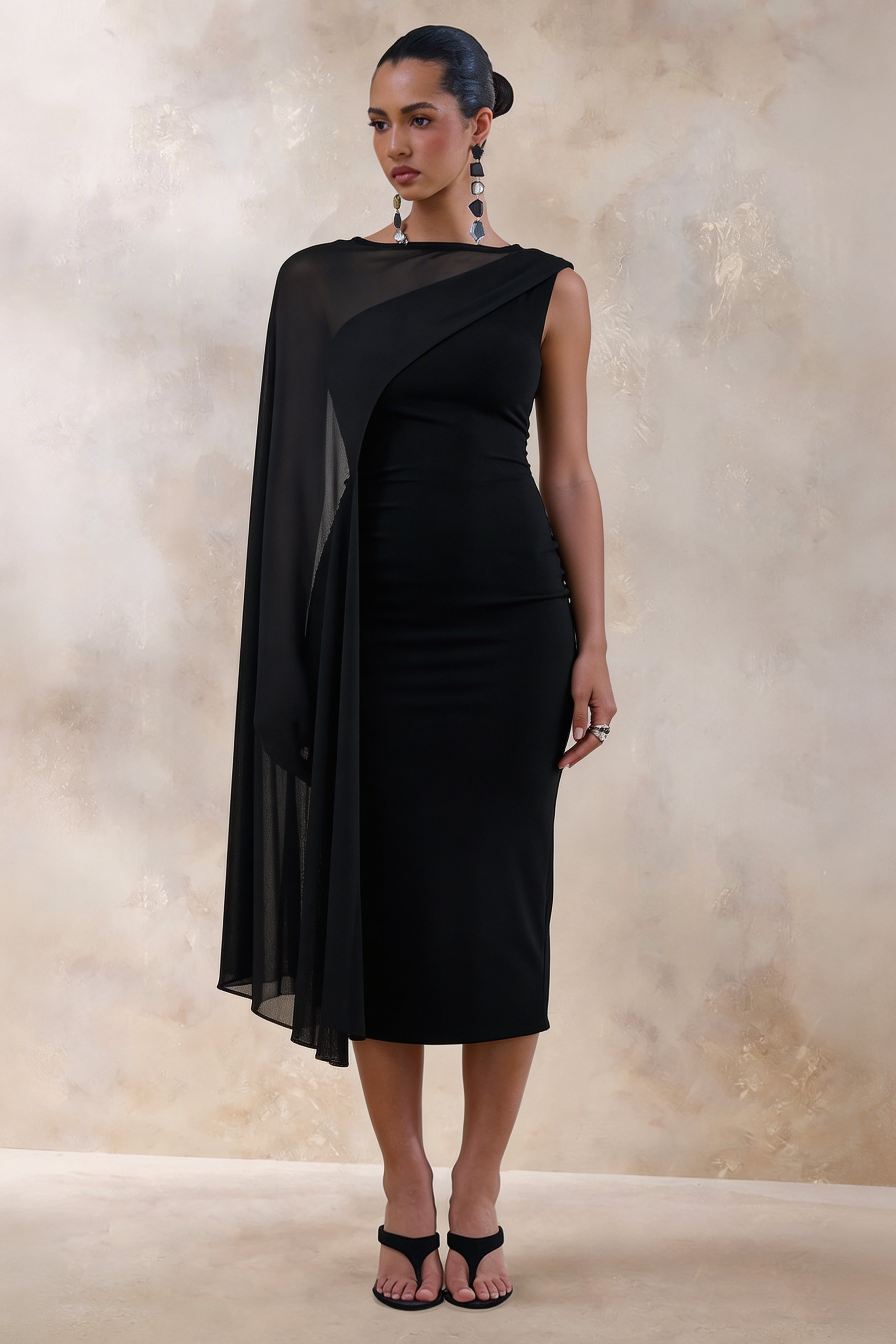 Caloria | Black Asymmetric-Neck Midi Dress With Mesh-Cape