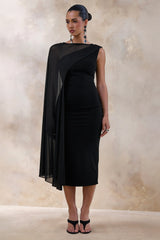 Caloria | Black Asymmetric-Neck Midi Dress With Mesh-Cape