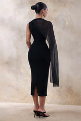 Caloria | Black Asymmetric-Neck Midi Dress With Mesh-Cape