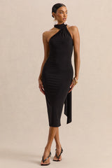 Devinae | Black Asymmetric-Neck Midi-Dress With Open-Back And Scarf-Detail