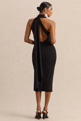 Devinae | Black Asymmetric-Neck Midi-Dress With Open-Back And Scarf-Detail