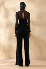Emeria | Black High-Neck Jumpsuit With Long Mesh-Sleeves