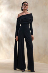 Elova | Black Bardot-Neck Jumpsuit With Sash