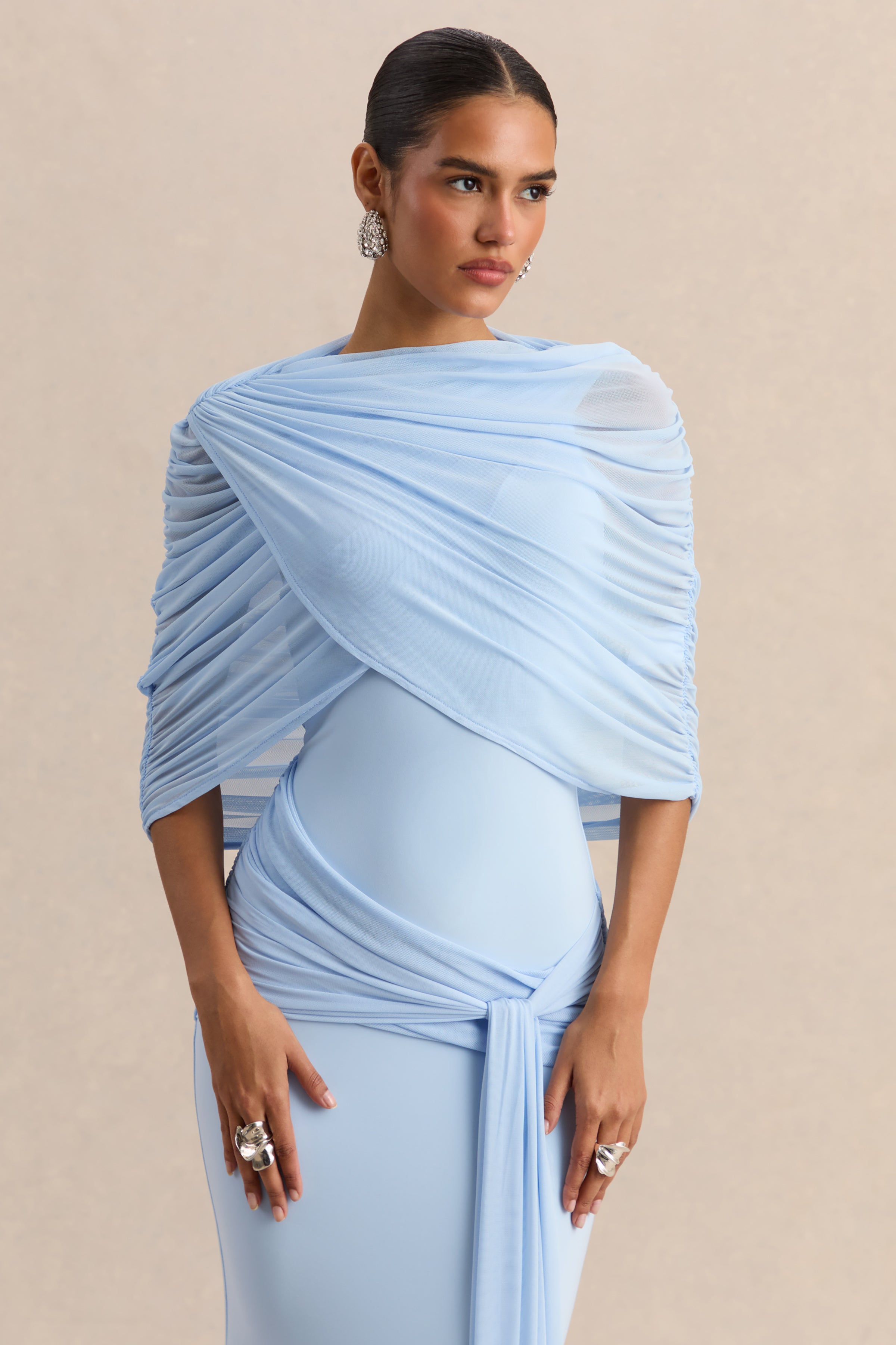 Mirene | Powder Blue Round-Neck Maxi-Dress With Gathered-Detailing And Sash
