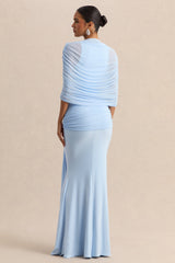 Mirene | Powder Blue Round-Neck Maxi-Dress With Gathered-Detailing And Sash