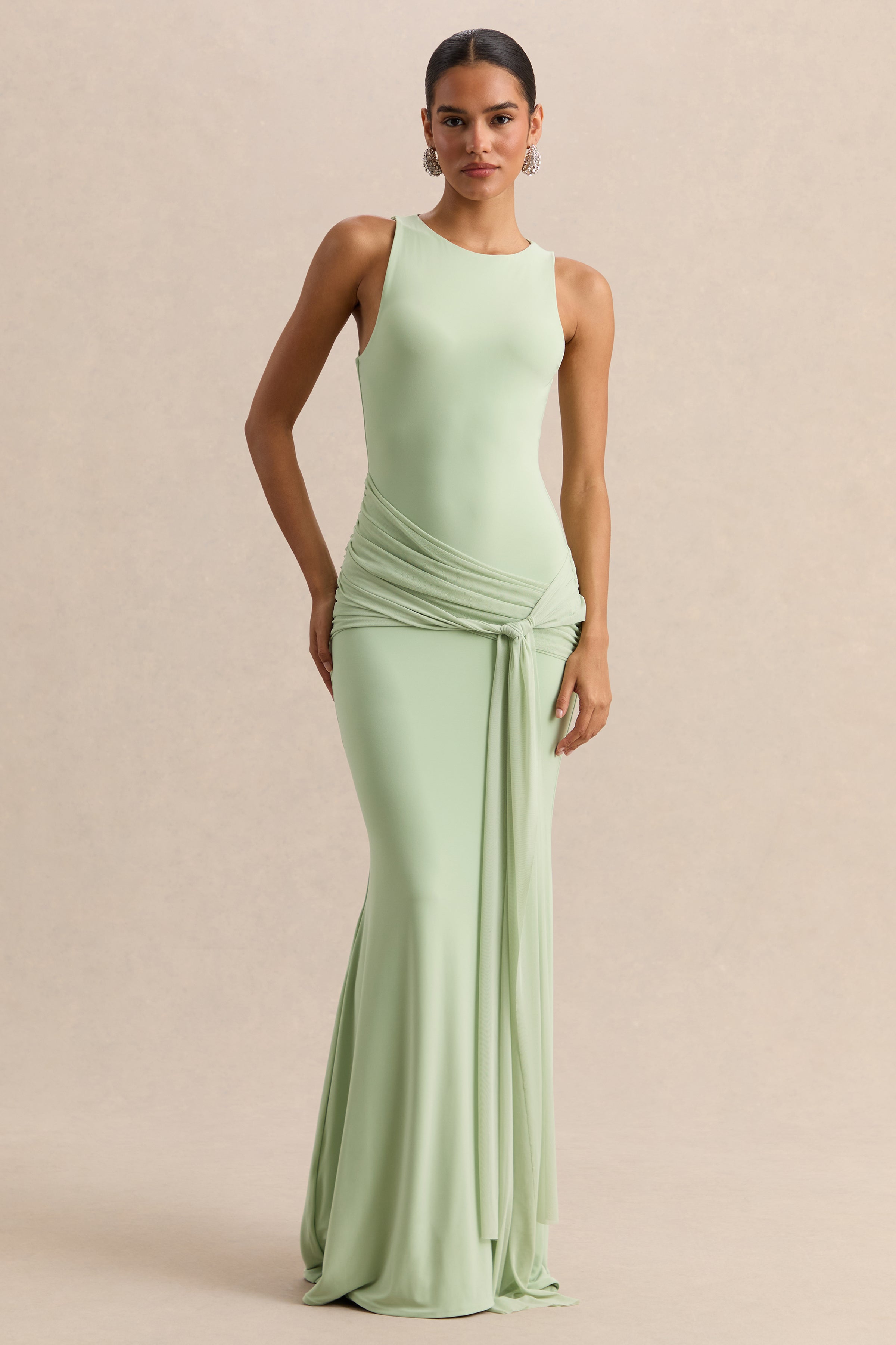 Mirene | Mint Round-Neck Maxi-Dress With Gathered-Detailing And Sash