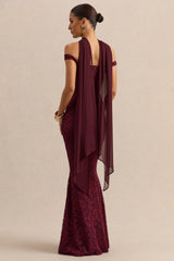 Iselle | Burgundy Lace Bardot-Neck Maxi Dress With Scarf-Detail