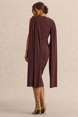 Milaine | Dark Brown Round-Neck Maternity Midi Dress With Cape Sleeves