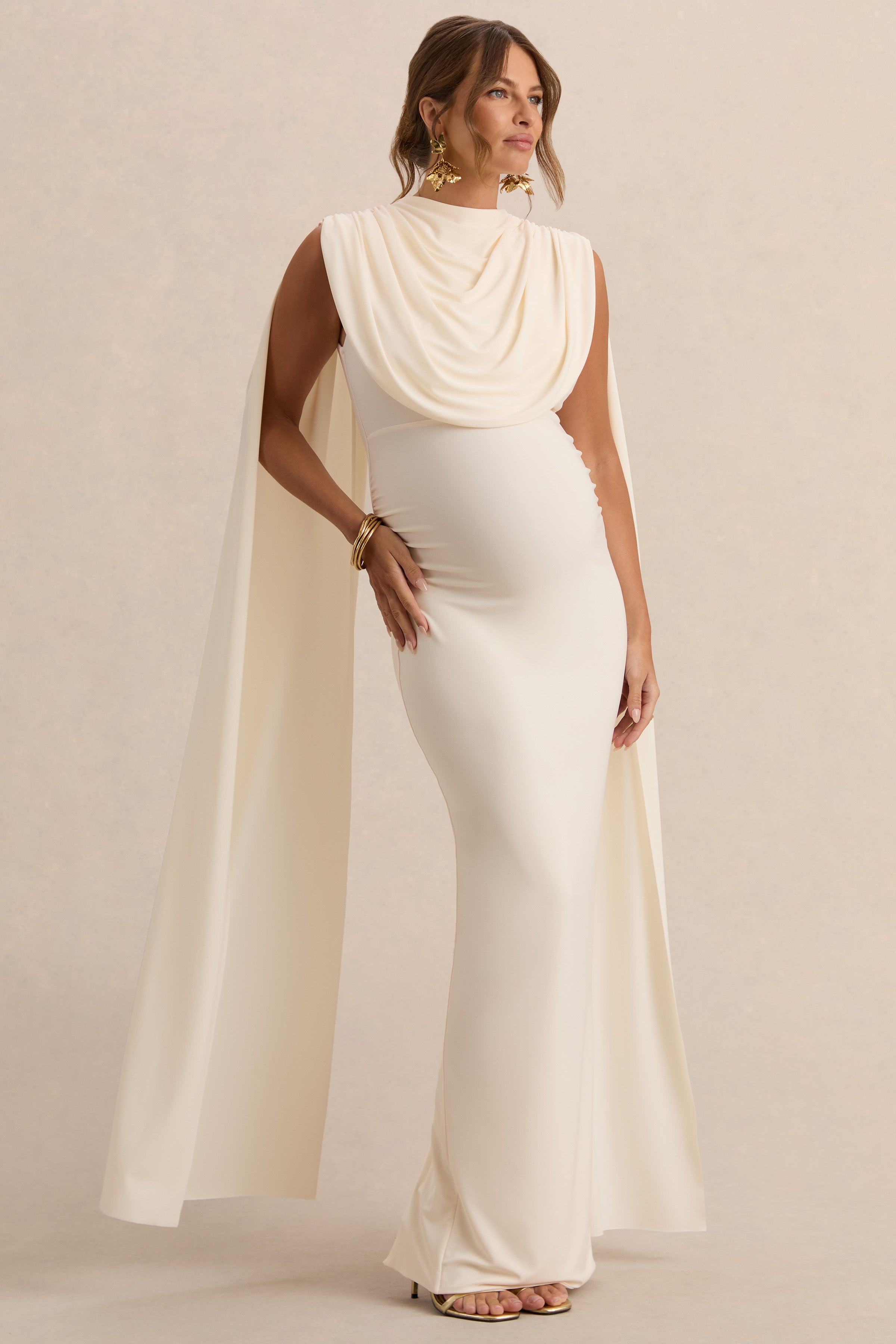 Belva | Cream Round-Neck Maternity Maxi Dress With Cape Detail