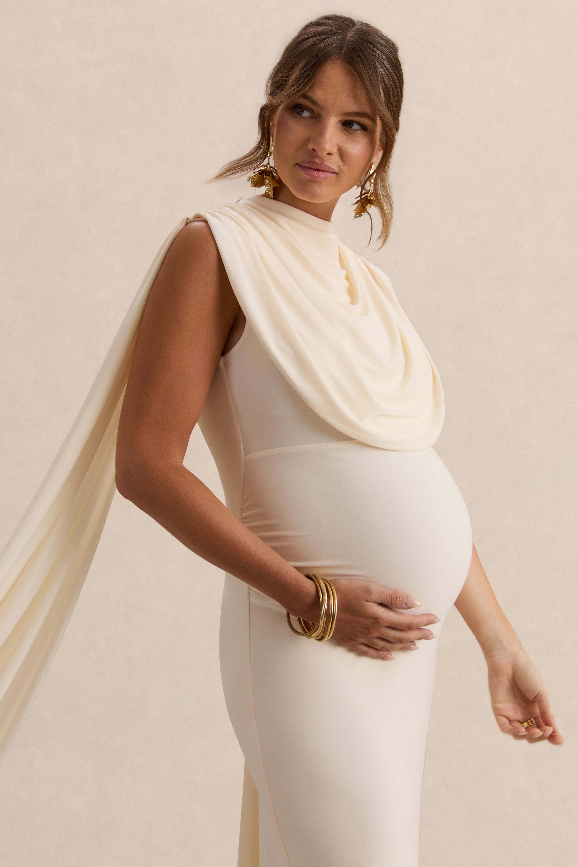 Belva | Cream Round-Neck Maternity Maxi Dress With Cape Detail