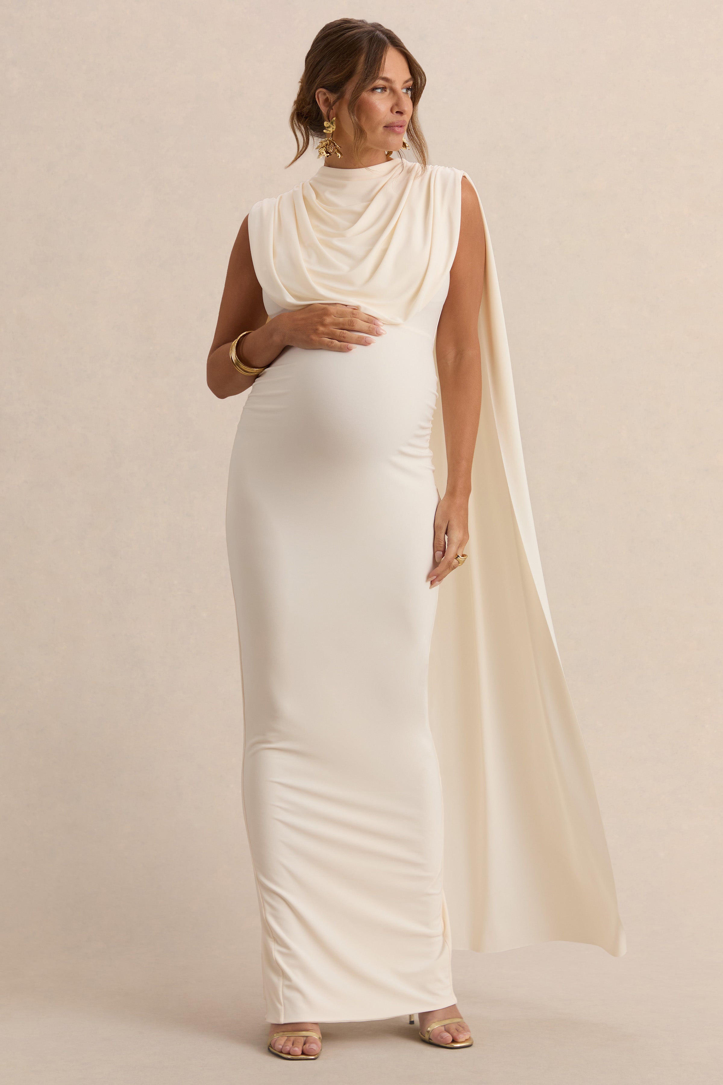 Belva | Cream Round-Neck Maternity Maxi Dress With Cape Detail