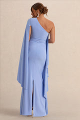 Shanae | Light Blue Asymmetric-Neck Maternity Maxi Dress With Cape Sleeve And Gathered Detailing