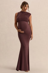 Osanna | Dark Brown Wide-Neck Maternity Maxi Dress With Ruched Detailing