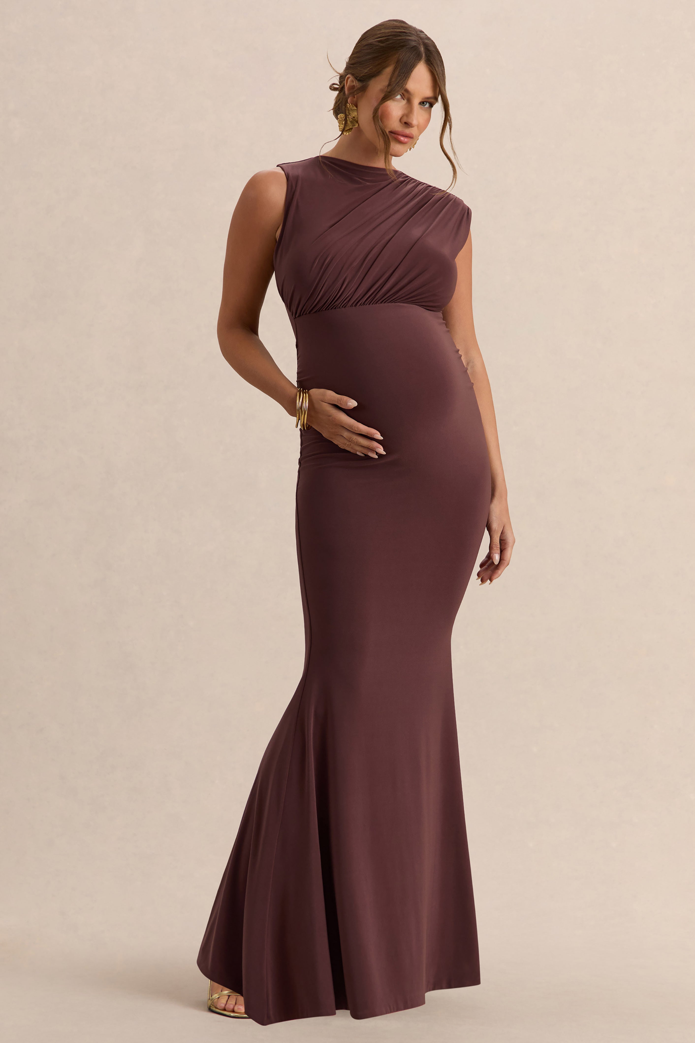Osanna | Dark Brown Wide-Neck Maternity Maxi Dress With Ruched Detailing