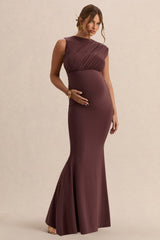 Osanna | Dark Brown Wide-Neck Maternity Maxi Dress With Ruched Detailing