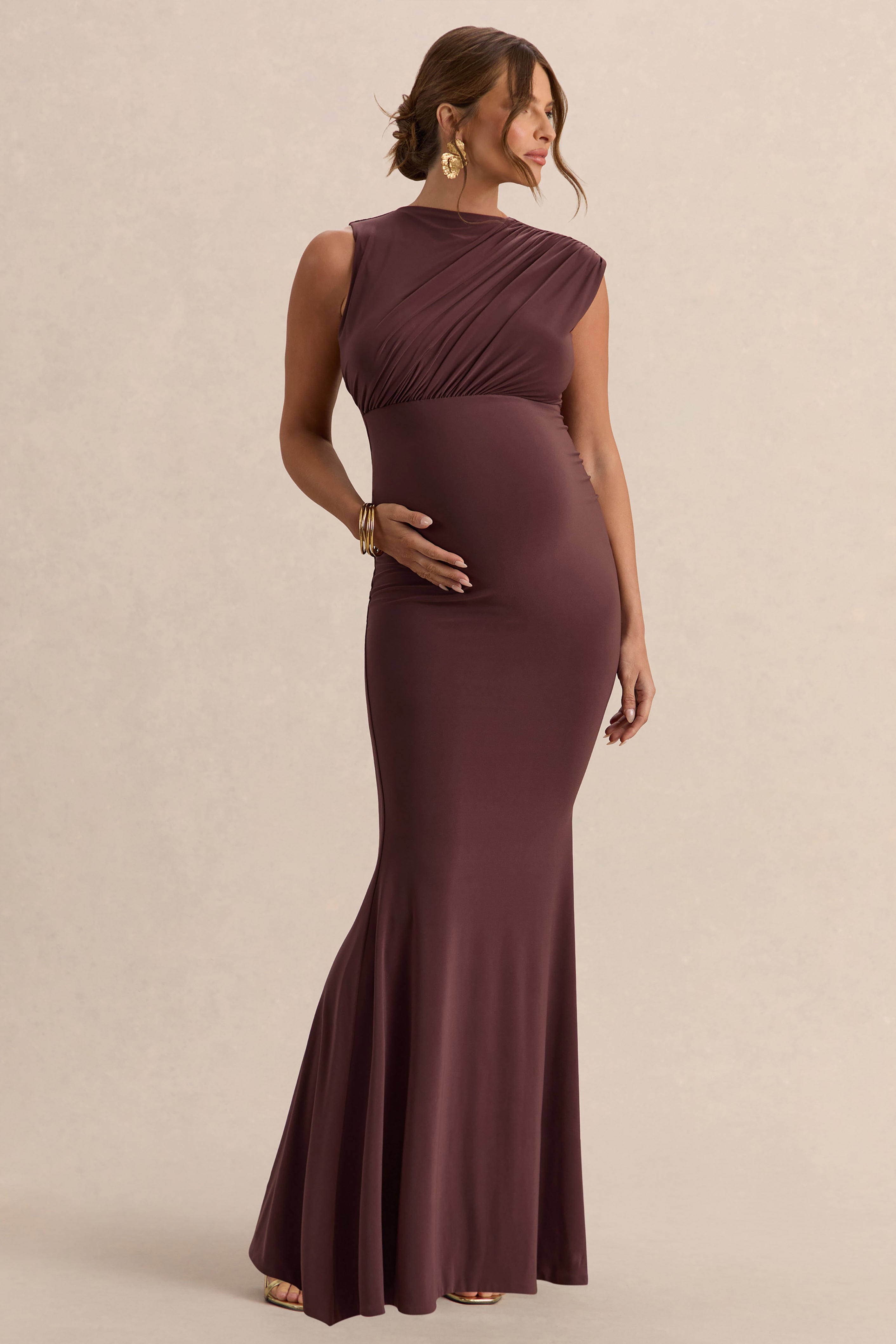 Osanna | Dark Brown Wide-Neck Maternity Maxi Dress With Ruched Detailing