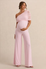 Mariska | Light Pink Asymmetric-Neck Maternity Jumpsuit With Sash Detail