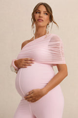 Mariska | Light Pink Asymmetric-Neck Maternity Jumpsuit With Sash Detail