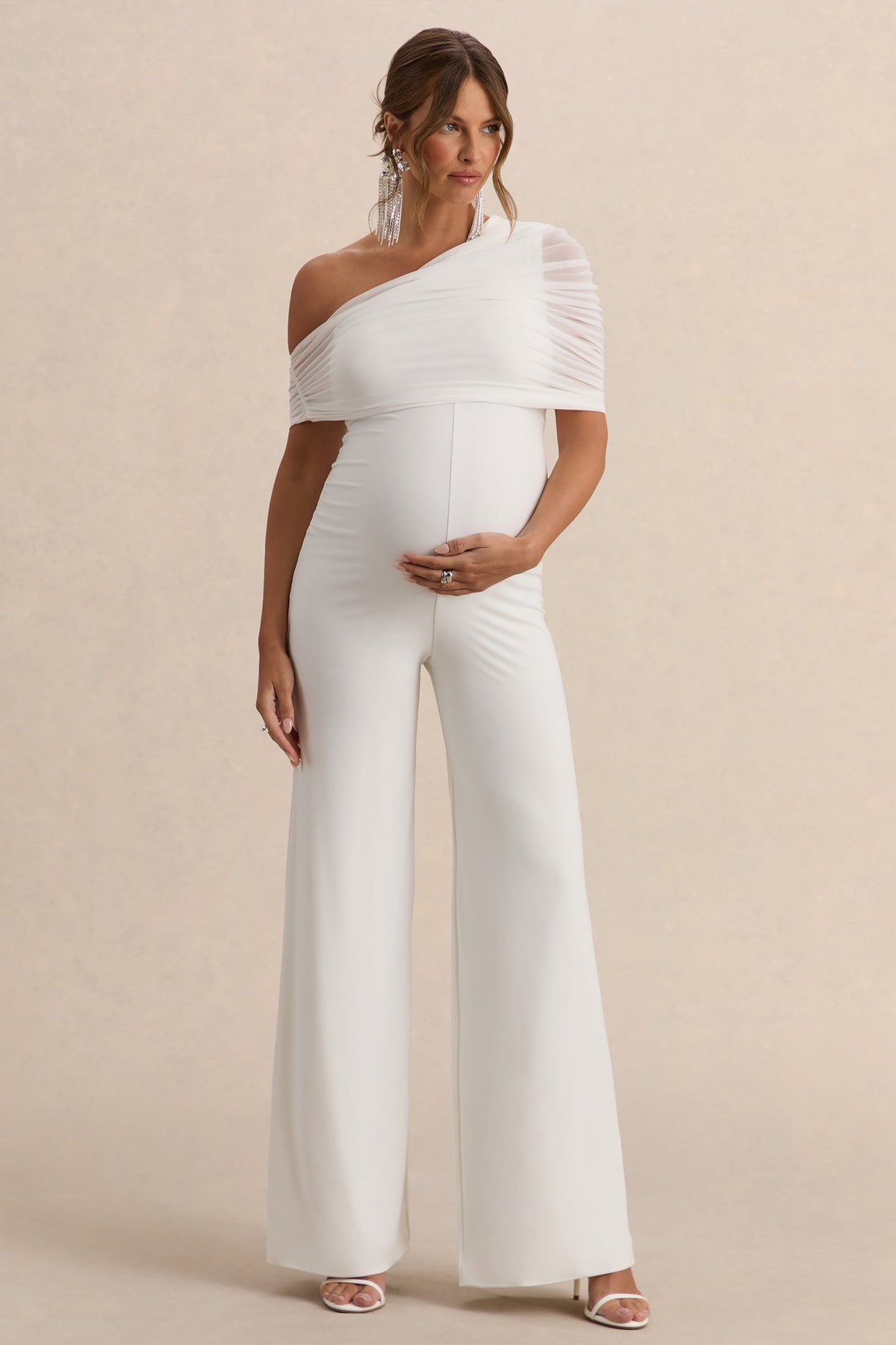Mariska | White Asymmetric-Neck Maternity Jumpsuit