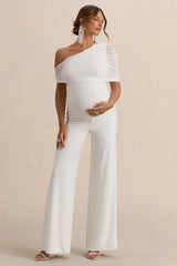 Mariska | White Asymmetric-Neck Maternity Jumpsuit