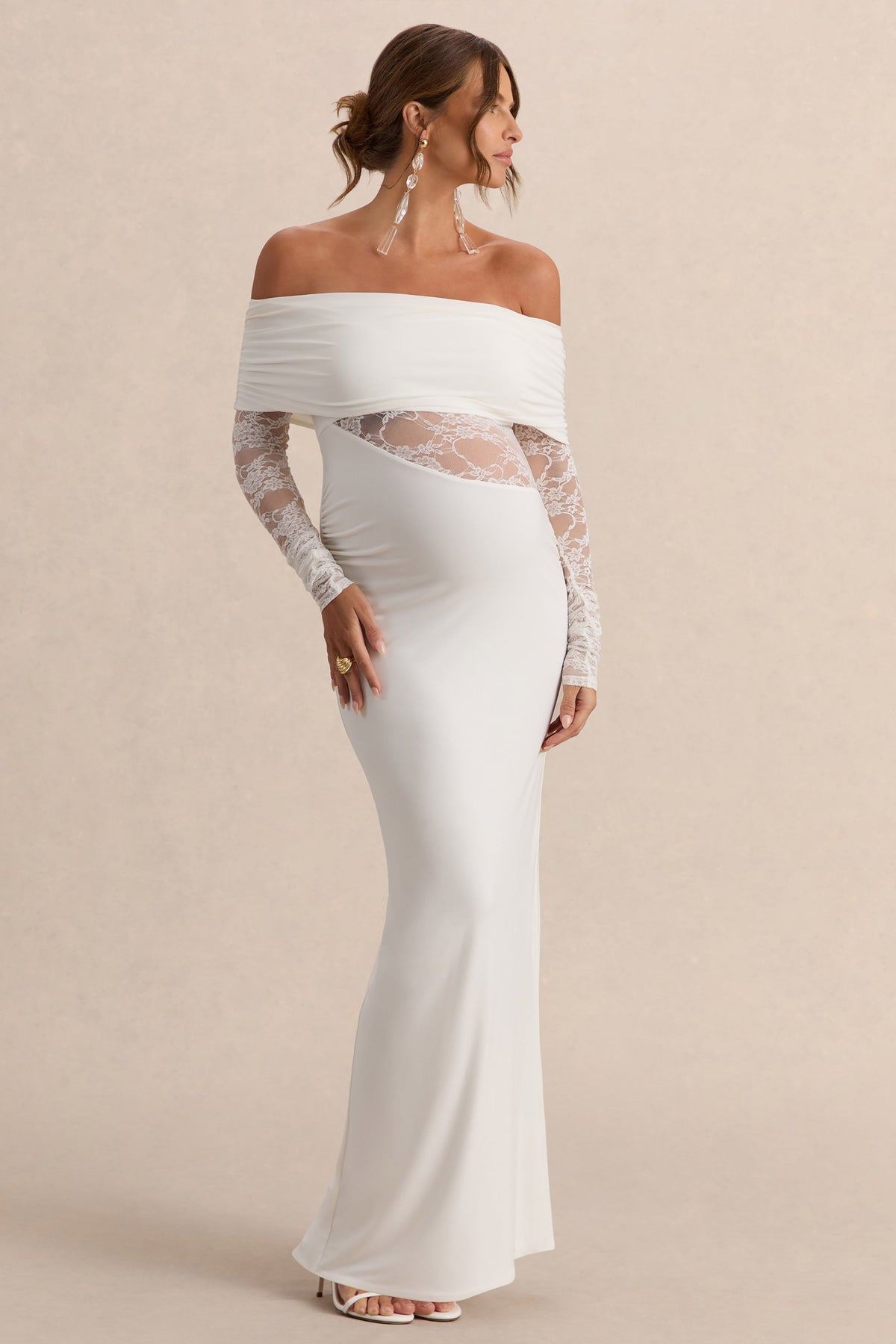 Artemisia | White Bardot-Neck Maternity Maxi Dress With Lace Detailing
