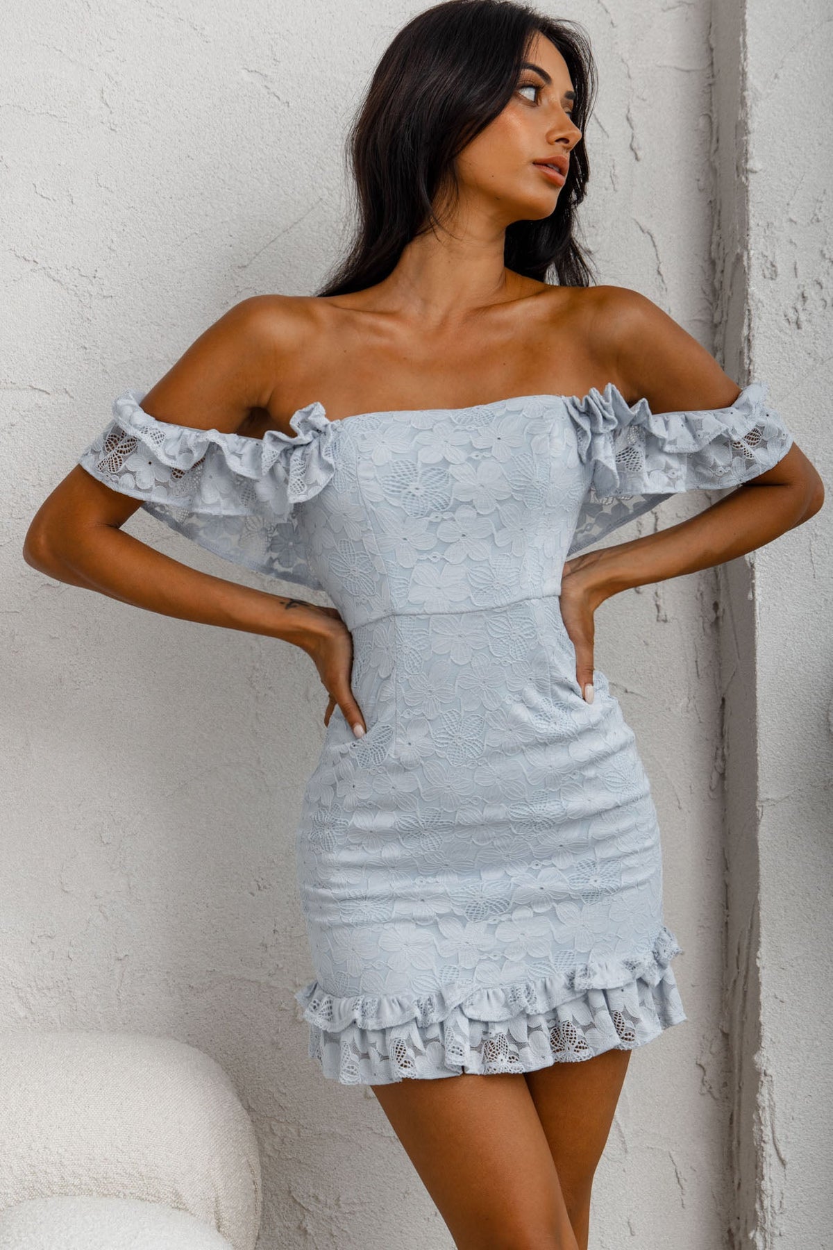 Verona Off-Shoulder Lace Overlay Mini Dress Blue Main image