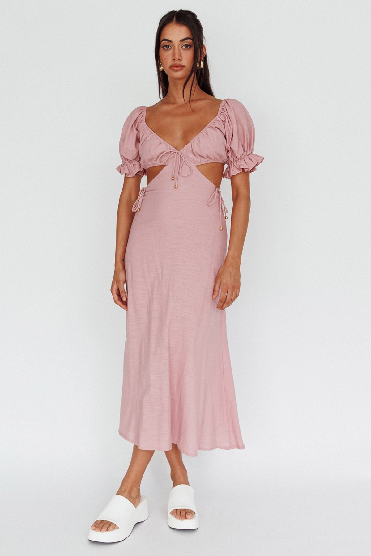Fancy Free Puff Sleeve Midi Dress Blush