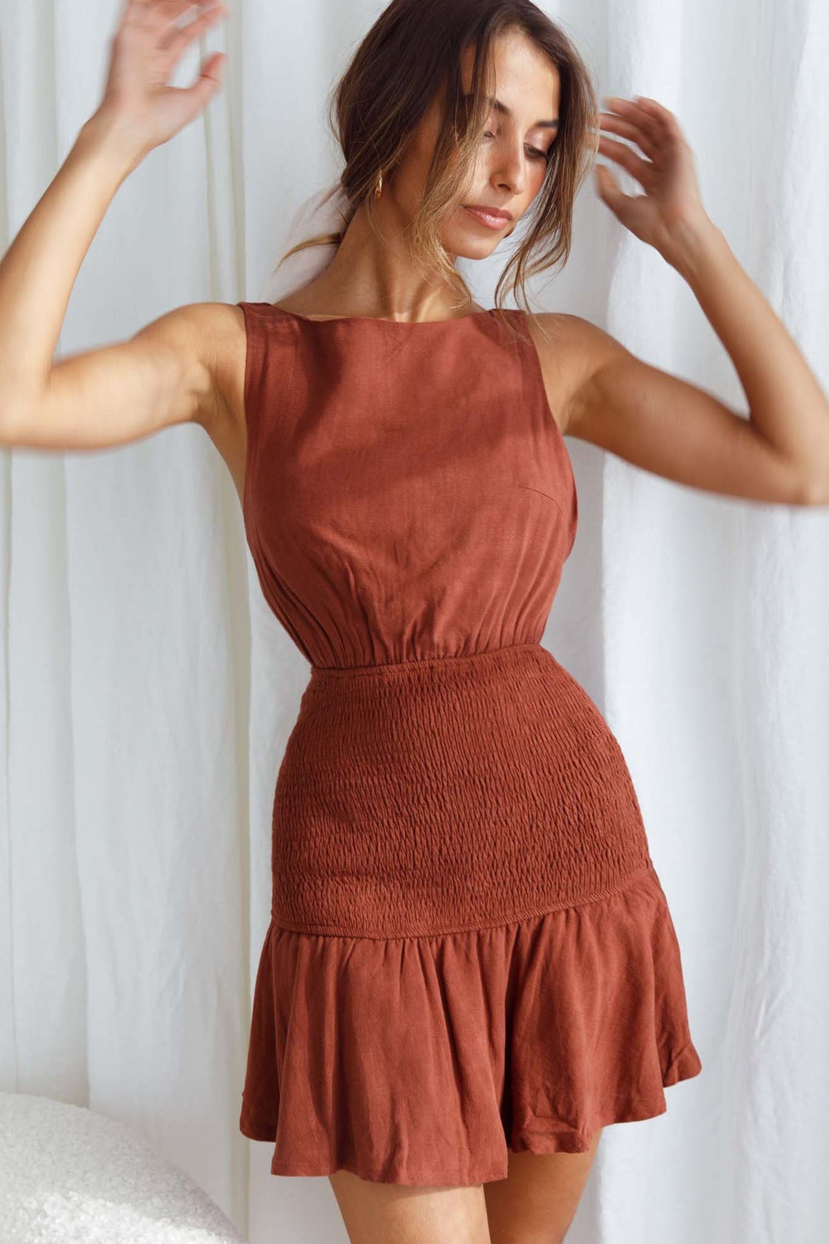 Antonine Elasticated Straps Shirred Waist Mini Dress Cinnamon Main image