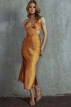 City Lights Cut-Out Waist Strappy Back Midi Dress Bronze