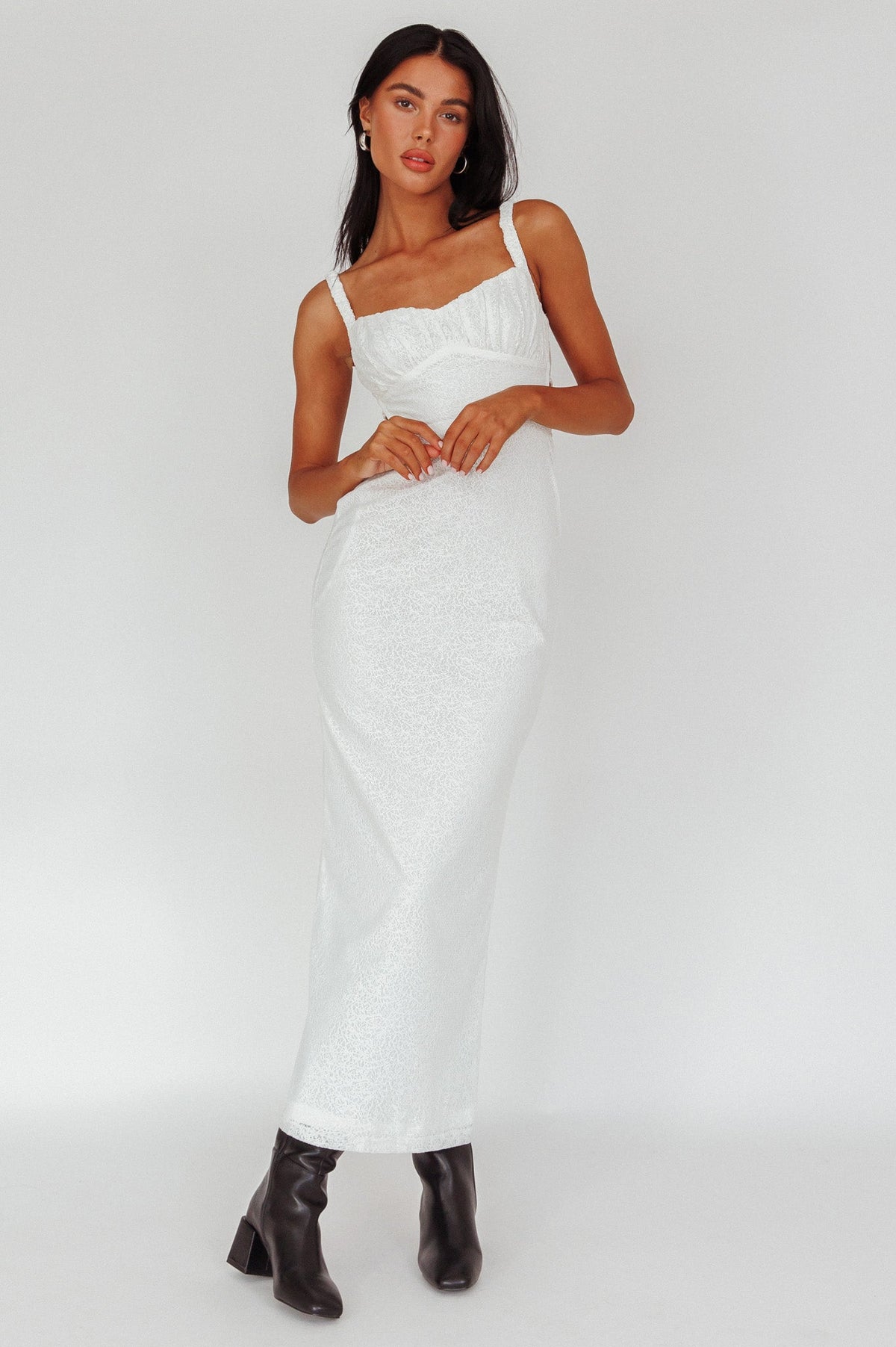 Dream Crush Lace-Up Back Mesh Overlay Midi Dress White