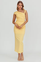 Dream Crush Asymmetric Neckline Midi Dress Lemon