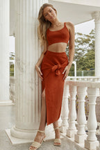 Fay Wrap Style Knit Midi Skirt Rust